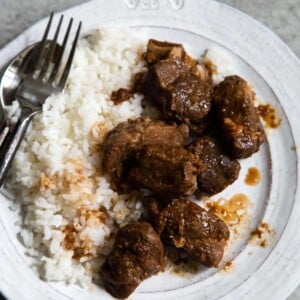 Filipino pork adobo served with jasmine white rice