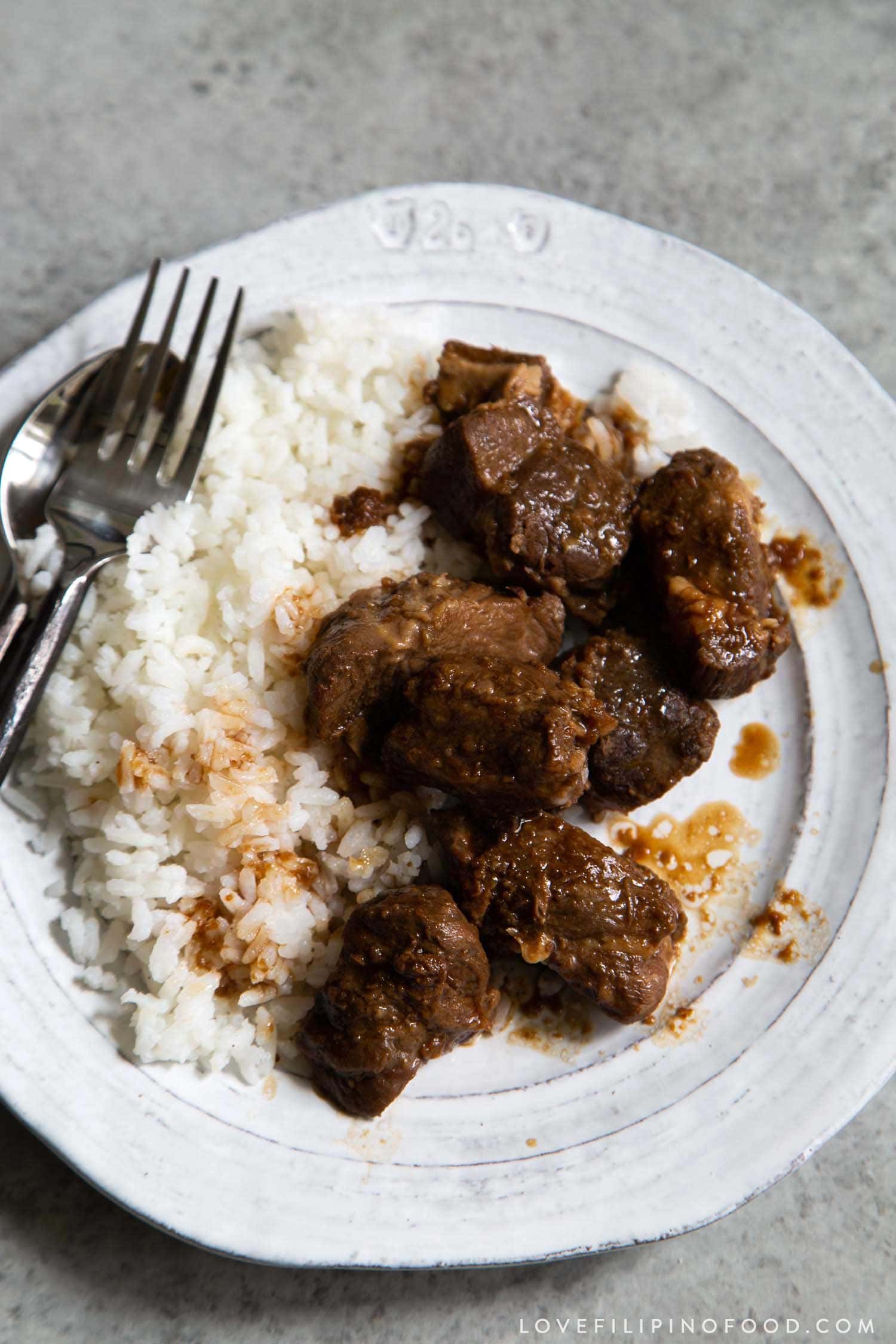 Filipino pork adobo served with jasmine white rice