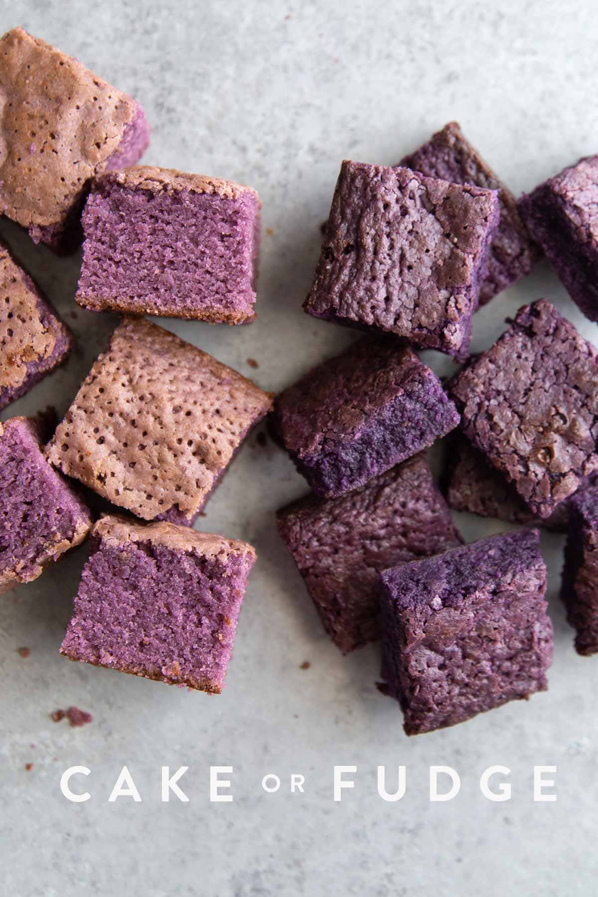airy cake ube brownies versus rich dense fudge ube brownies.