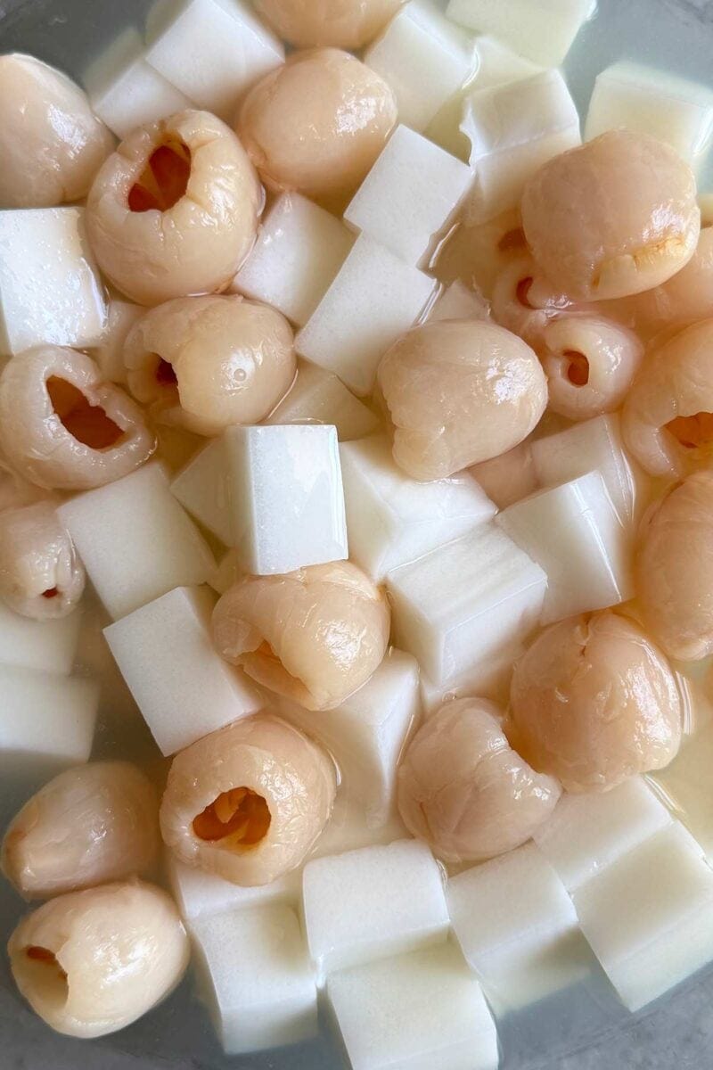 coconut almond jelly cubes and canned lychees.
