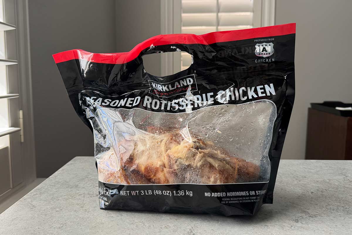 costco rotisserie chicken in bag.