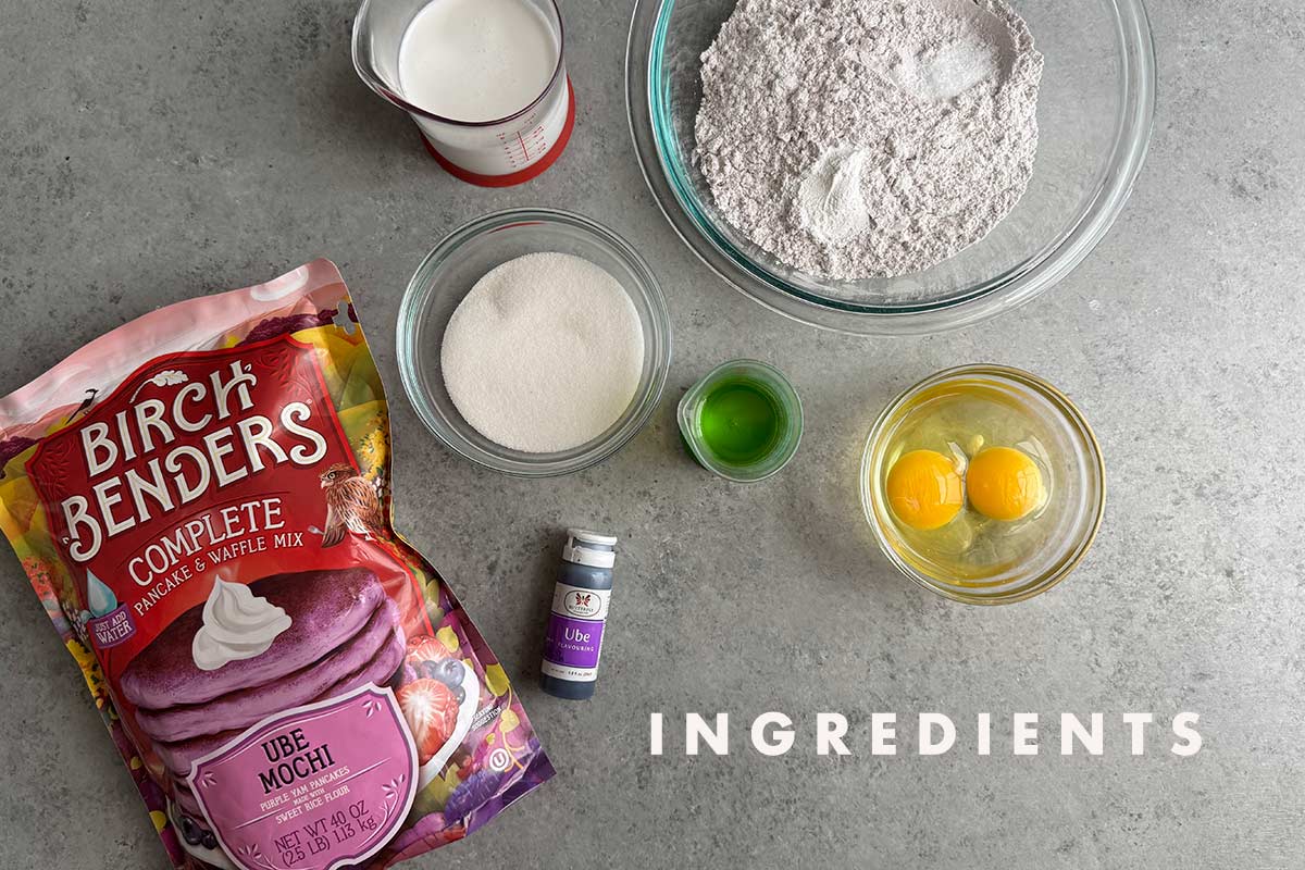 portioned ingredients laid out to make easy ube cupcakes using pancake mix.