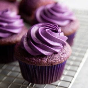 ube cream cheese frosting on ube cupcake.