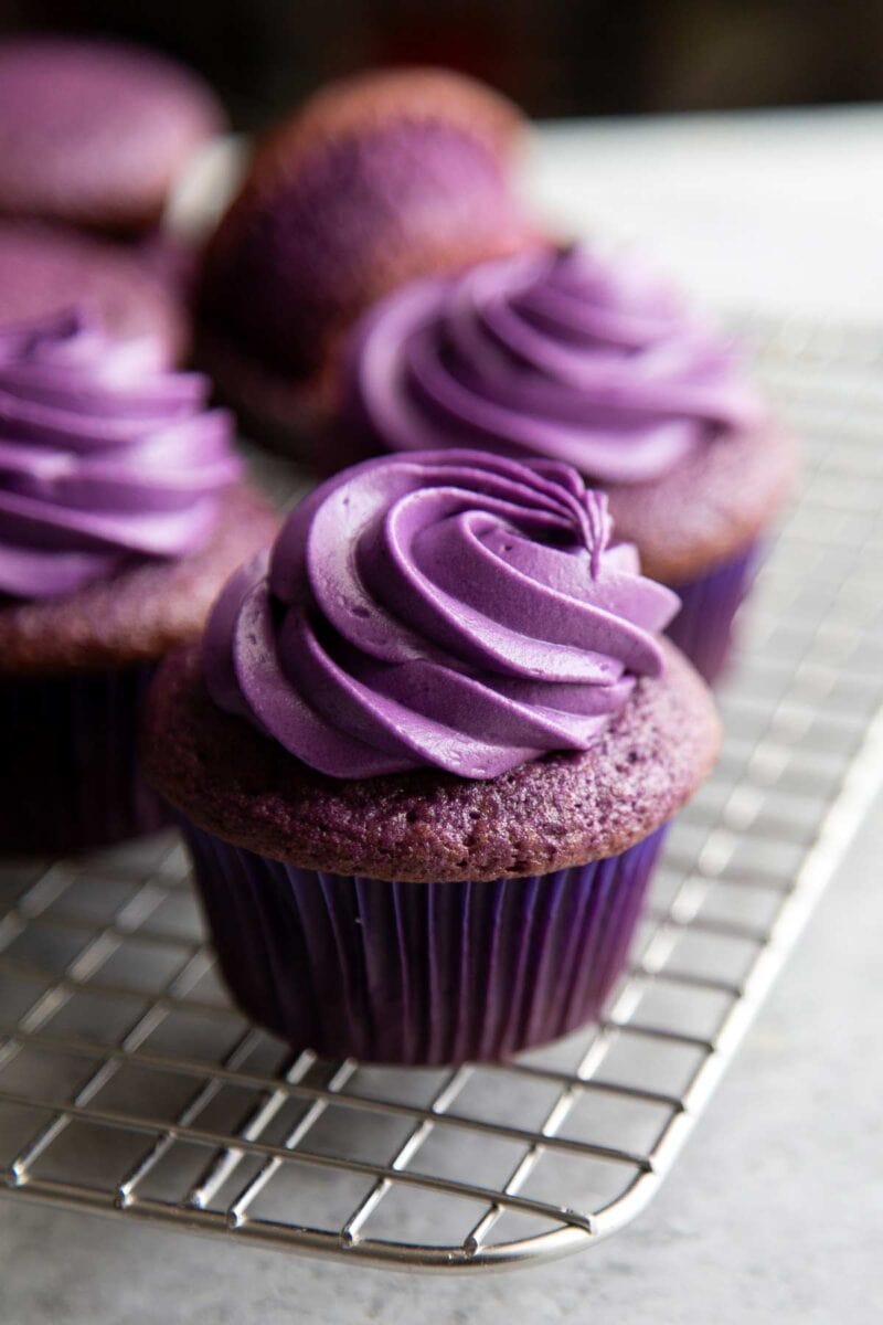 ube cream cheese frosting on ube cupcake.