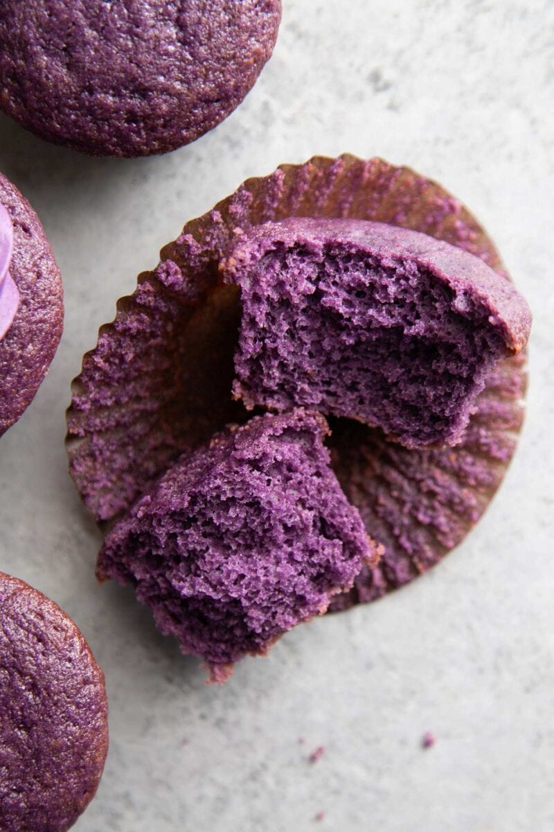 interior crumb shot of moist and fluffy ube cupcakes.