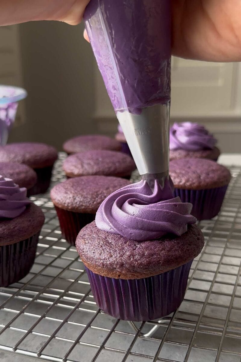 pipe ube cream cheese frosting on room temperature ube cupcake.