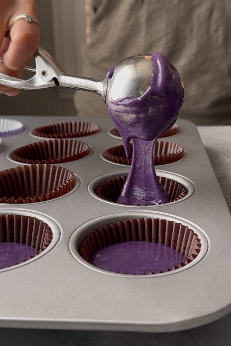 portion batter into prepared cupcake pan.