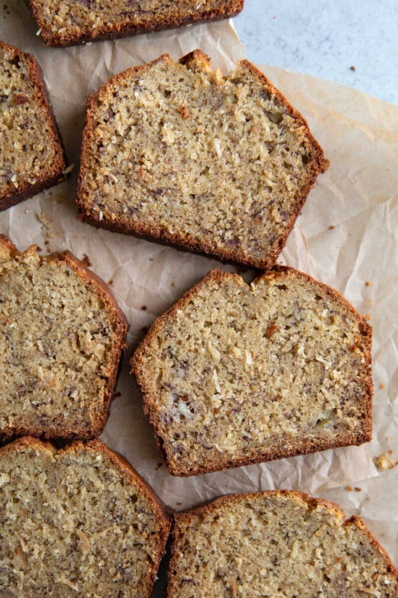 slices coconut banana bread laid out.